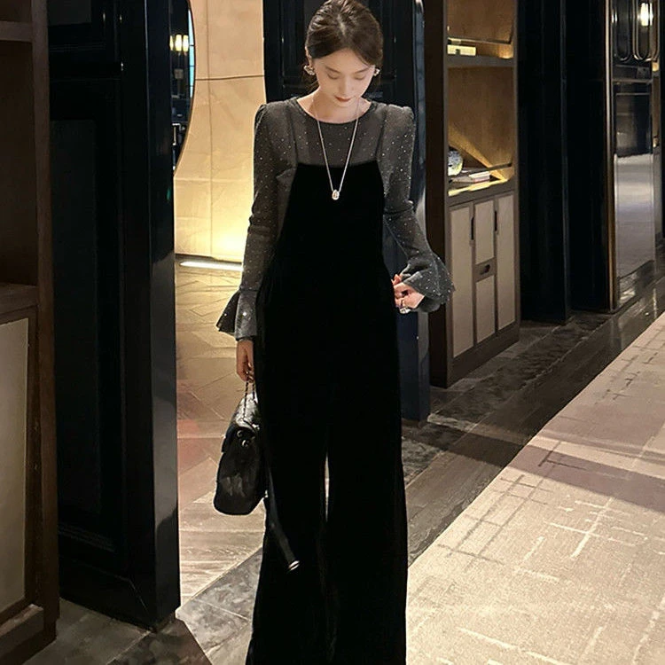 987超火穿搭一整套2025秋气质小香风T恤背带丝绒连体裤两件套套装