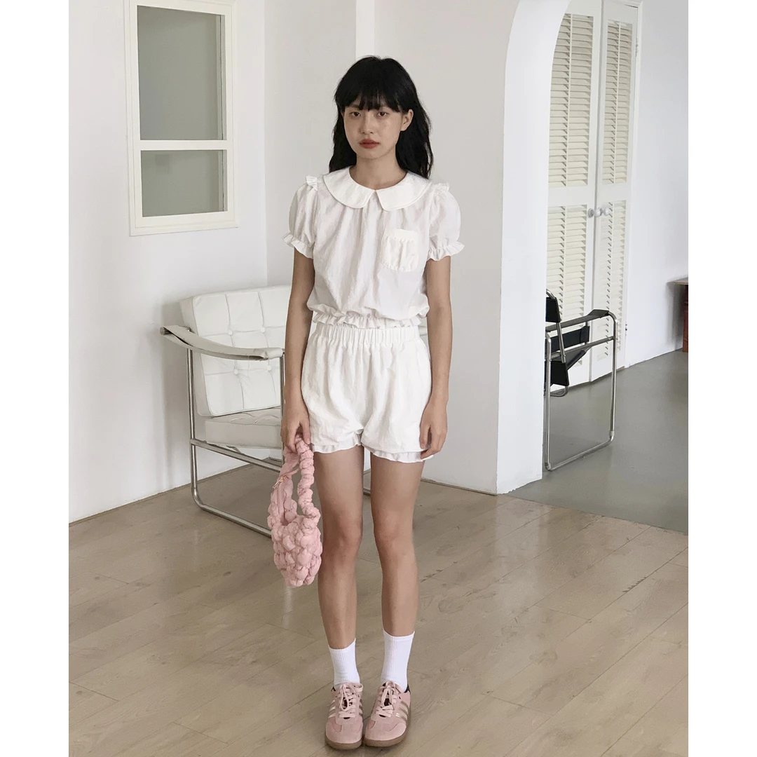 【清清】EighthMonth 夏季甜美可爱两件套装女白色娃娃领AE110829