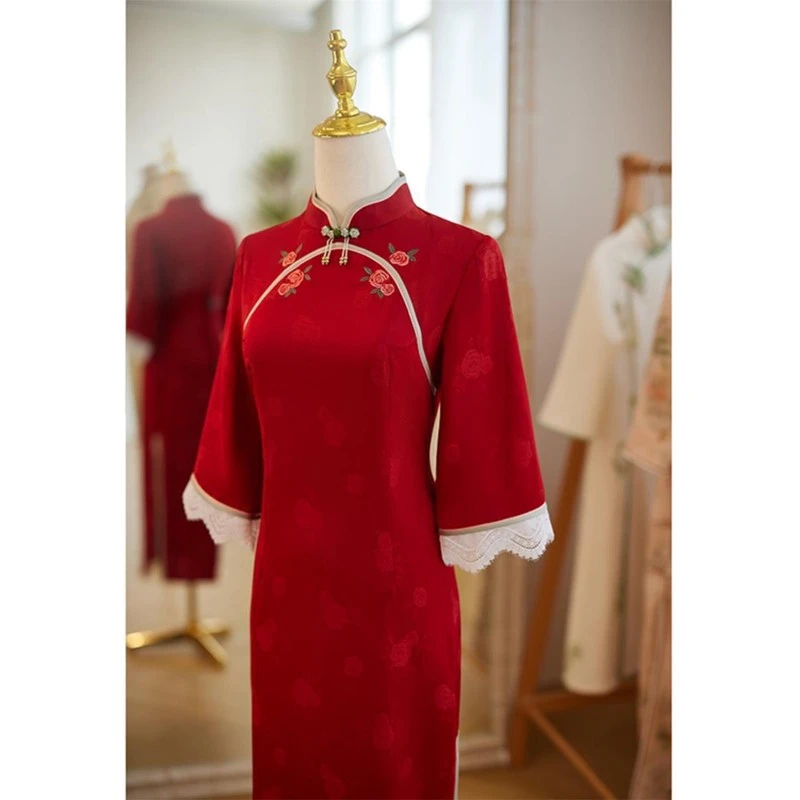 红色旗袍敬酒服新娘2025新款订婚结婚小礼服裙女秋冬季长袖新中式