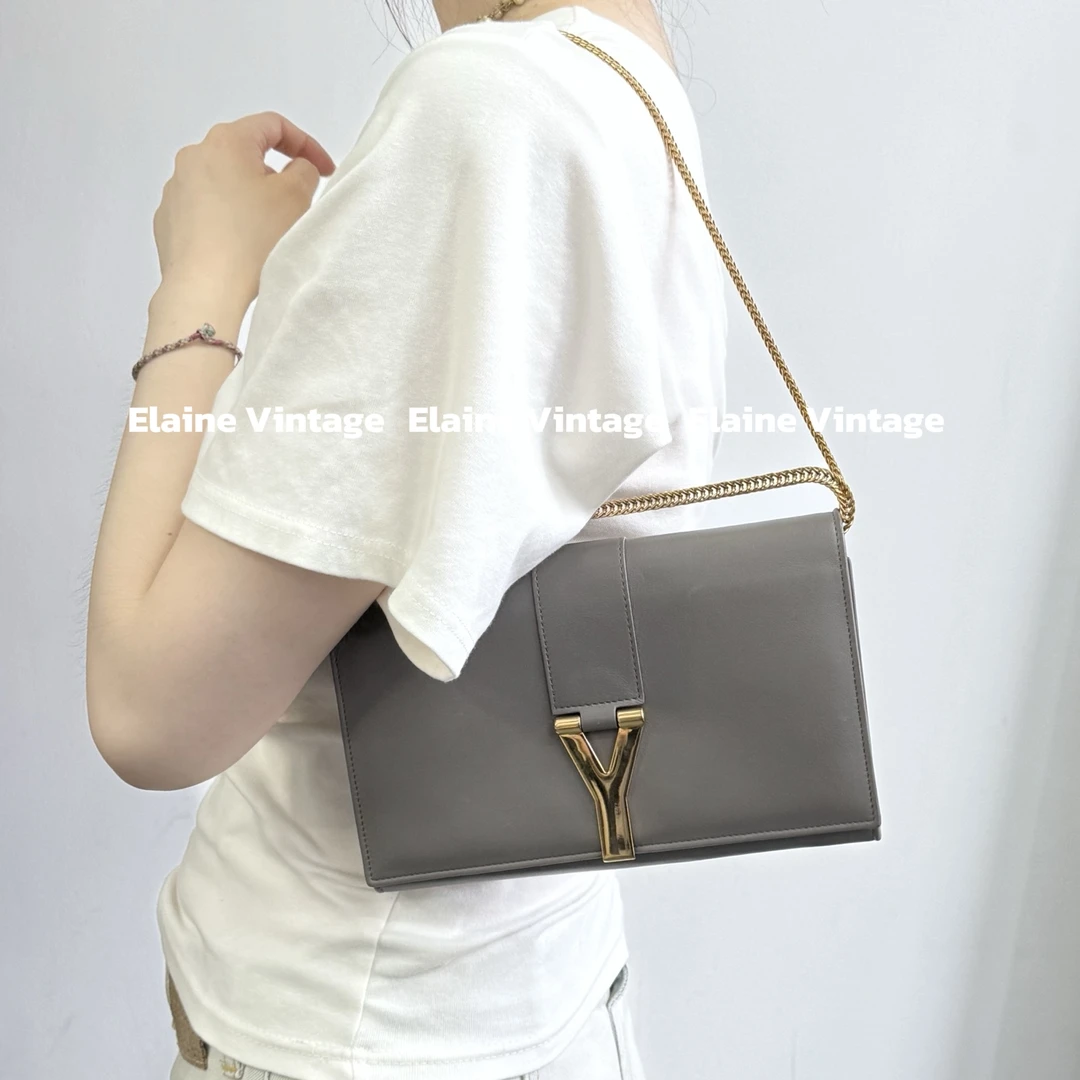95新 YSL/圣罗兰 大象灰金标WOC链条包（22cm）/Y667