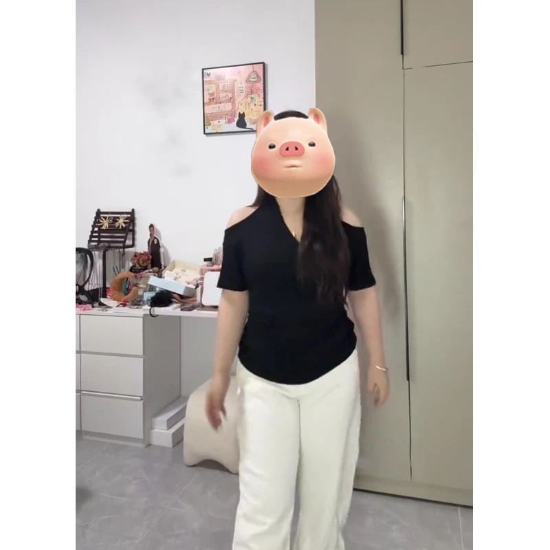 大码胖MM法式复古黑色挂脖露肩T恤女夏季新款收腰显瘦设计感上衣