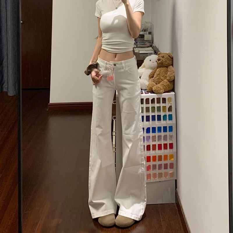 白色高个子显瘦喇叭牛仔裤女秋季新款美式低腰复古不贴腿阔腿长裤