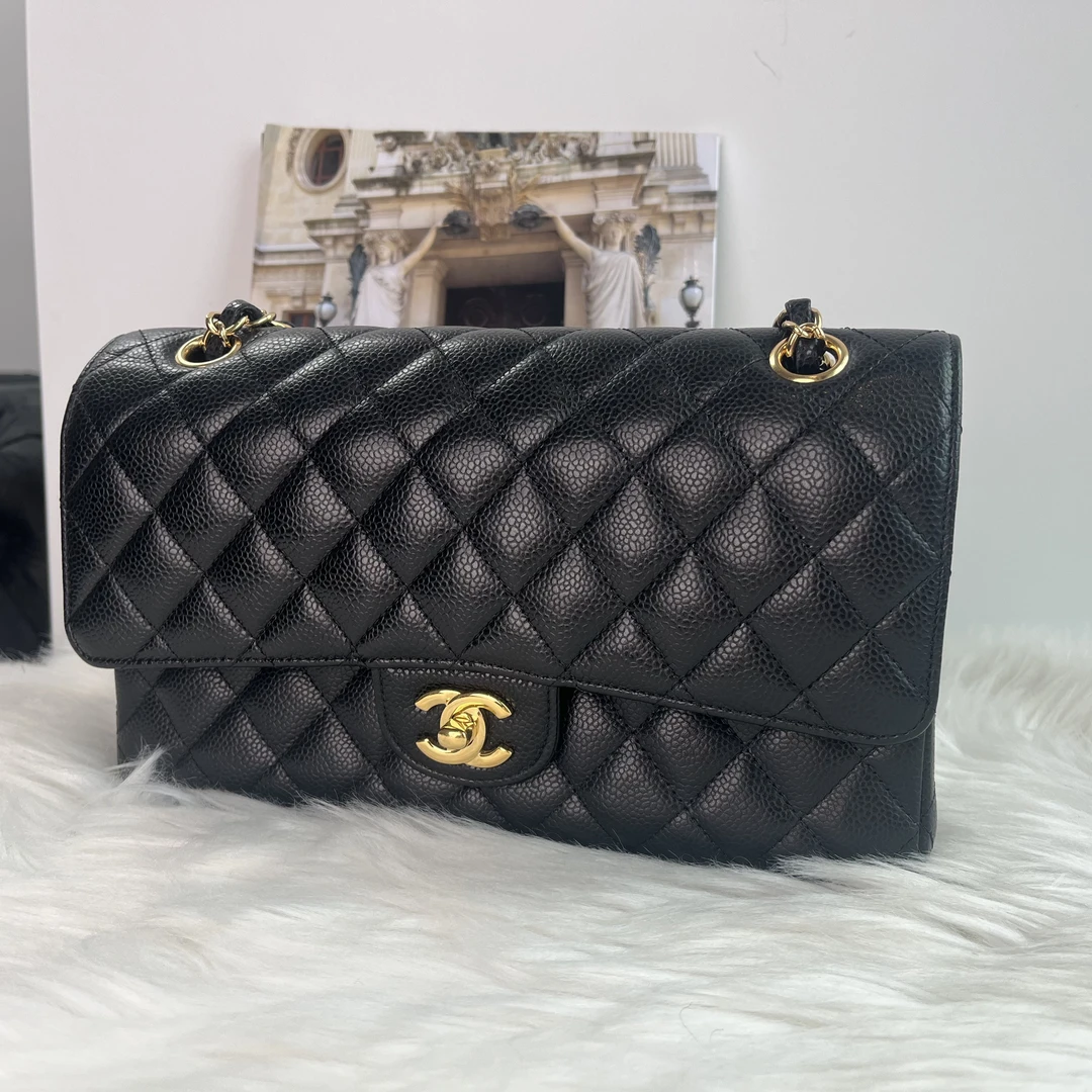 99新 Chanel/香奈儿 CF 中号 黑金 荔枝牛皮 20开