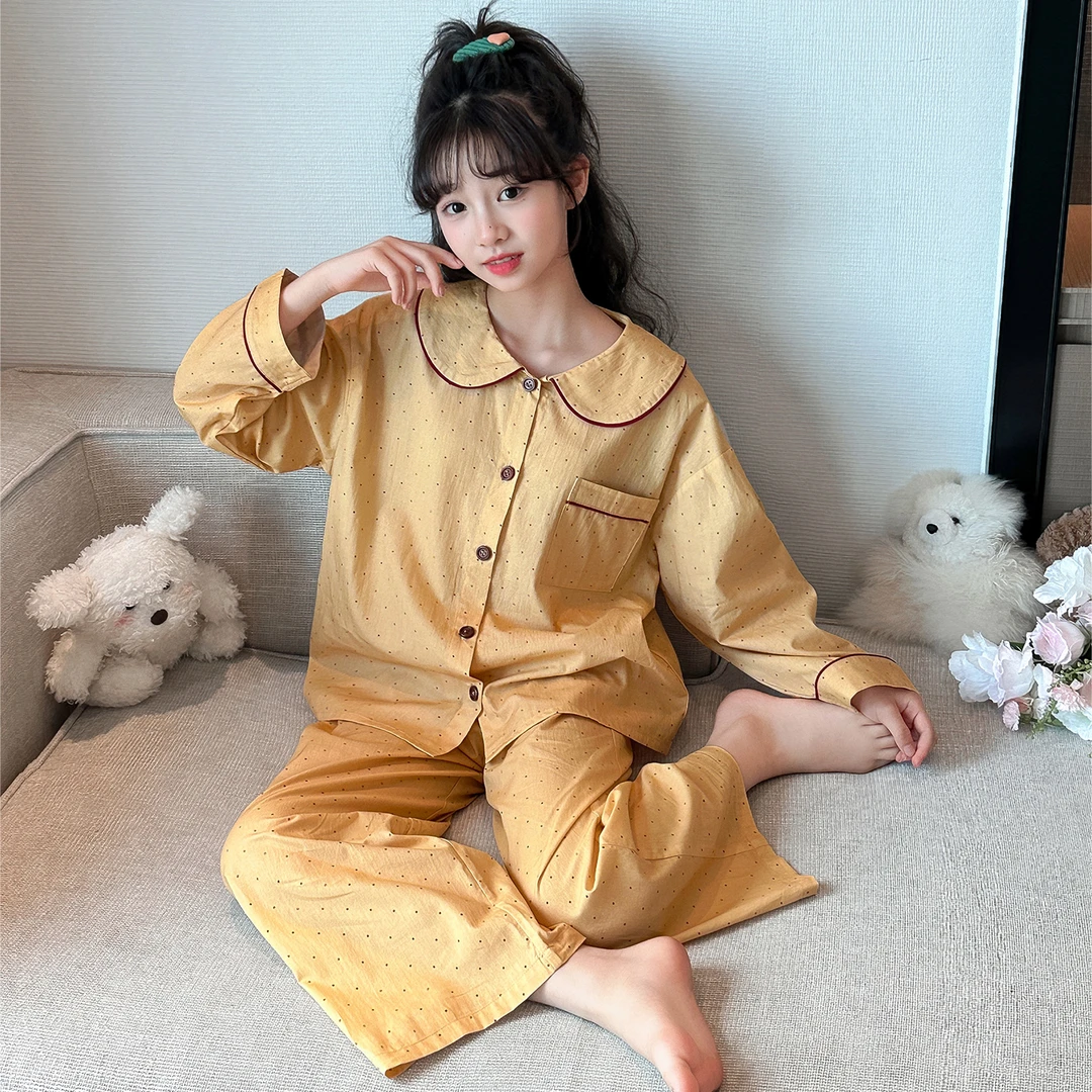 女童睡衣春秋儿童娃娃领公主6-12岁女孩长袖家居服波点套装两件套