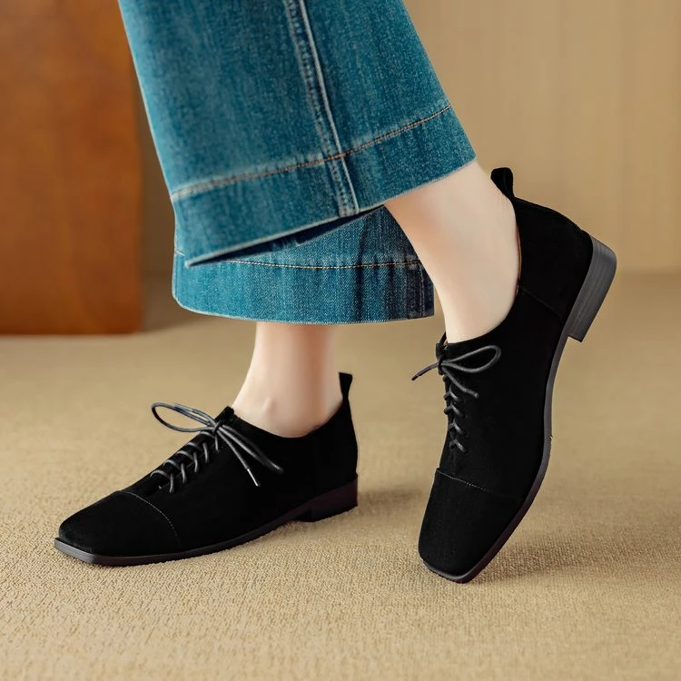 英伦风磨砂真皮系带小皮鞋女春秋新款方头平底深口单鞋低跟工作鞋