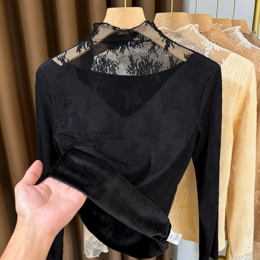 蕾丝加绒打底衫软糯内搭女2025年秋冬黑色上衣保暖小衫木耳边纱衣