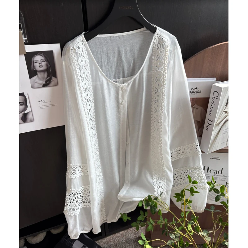 【FANFAN】大码夏季大圆领纹理镂空天丝蕾丝百搭长袖衬衫S01715