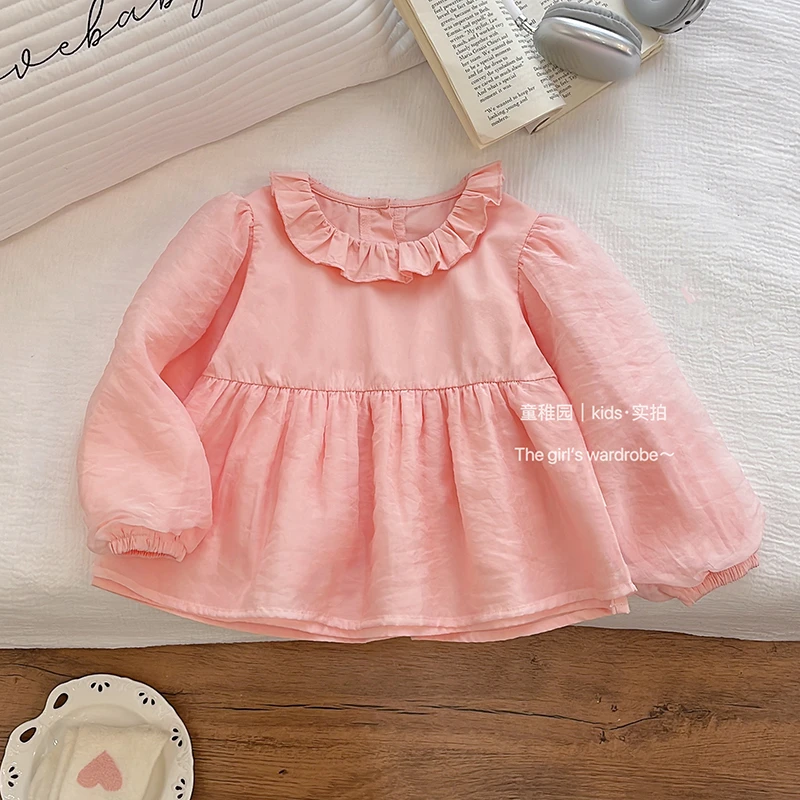 女童春秋季新款衬衣网纱泡泡袖衬衫女宝宝新潮洋气时髦藕粉色衬衣