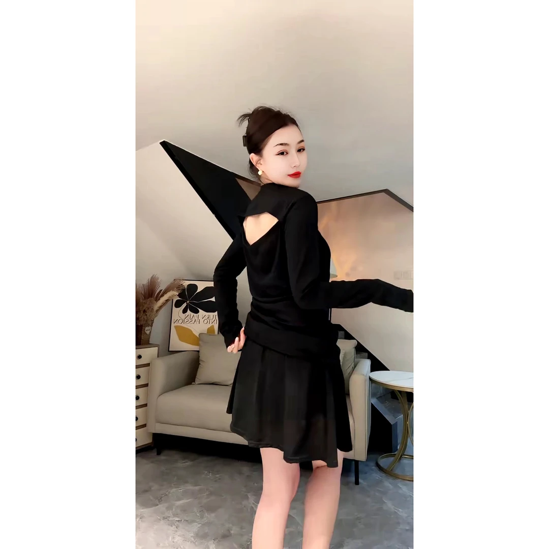 夏季新款薄款露背抽绳防晒长袖T恤+短裙两件套