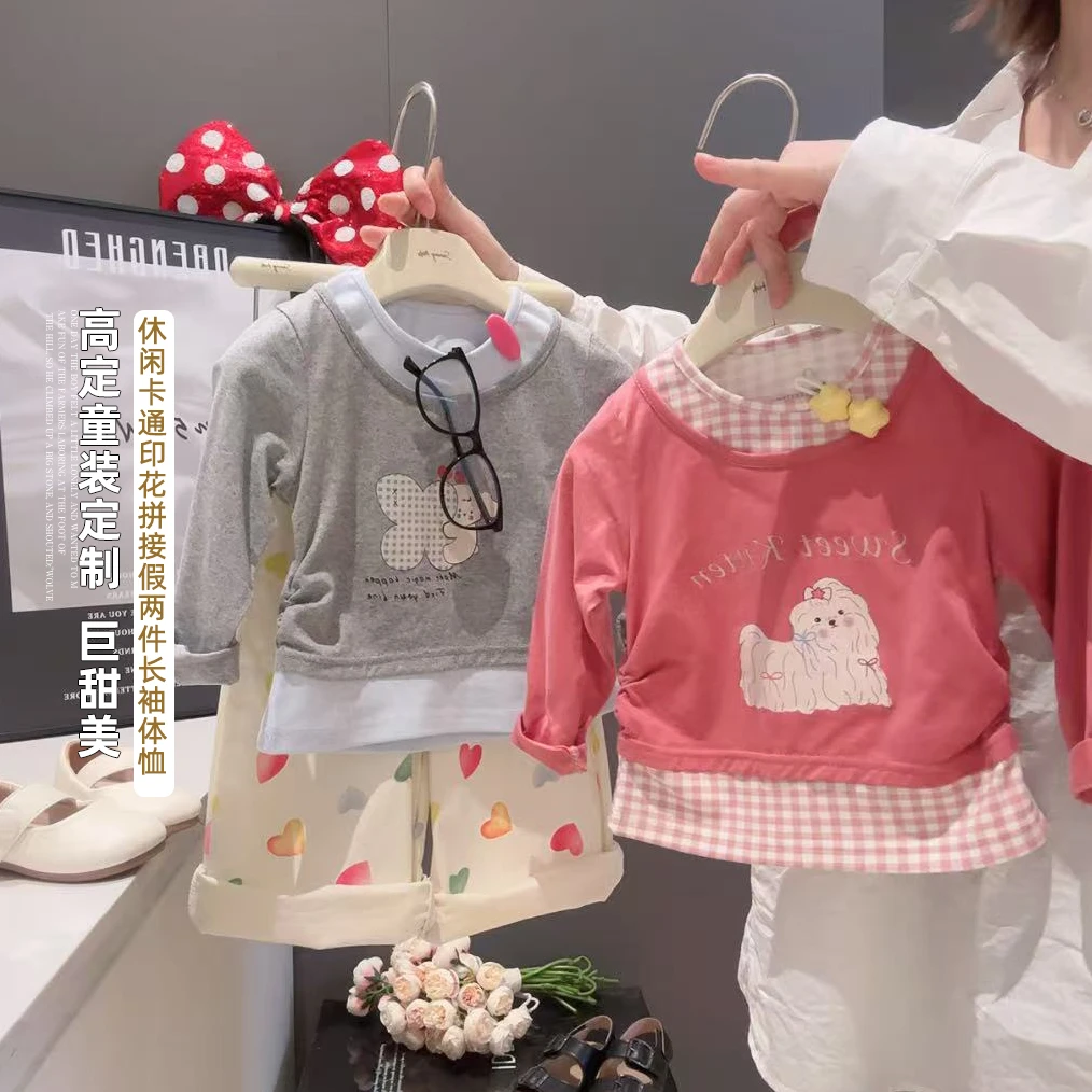 A类女童秋季新款纯棉假两件长袖T恤抽绳韩版拼接休闲上衣