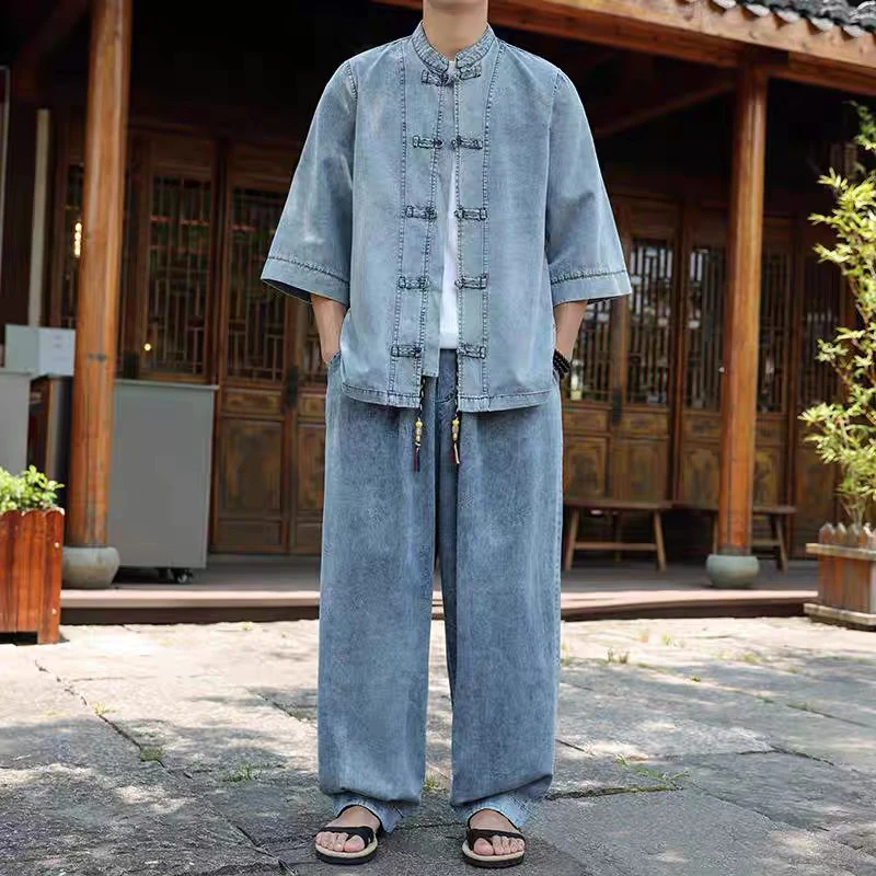 夏季男士套装七分袖衬衫中国风常规外套免烫常规款休闲大码