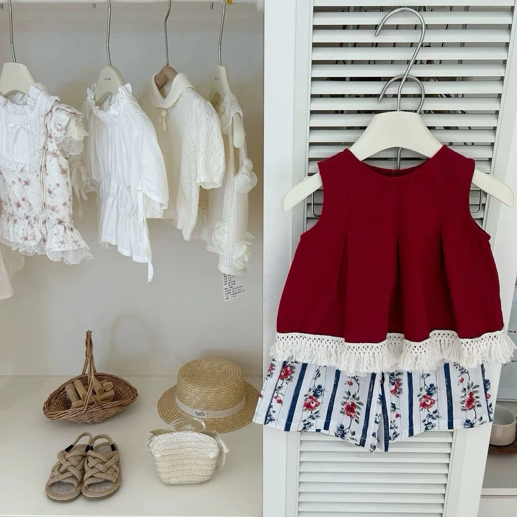 女童2025夏季新款红色流苏背心碎花阔腿裤时髦洋气套装儿童两件套