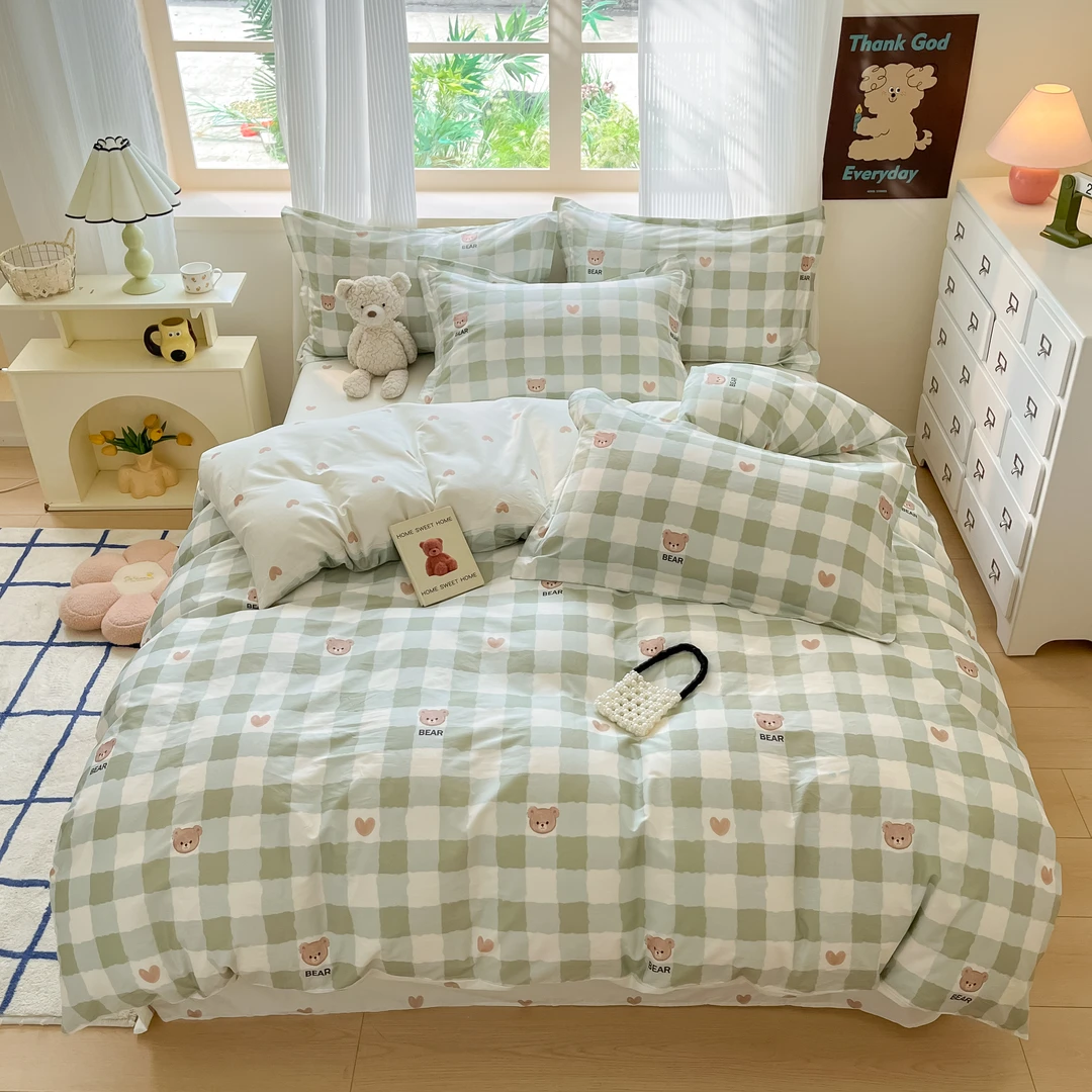 清！小玲子 格子小熊 全棉纯棉印染工艺款可爱卡通套件四件套