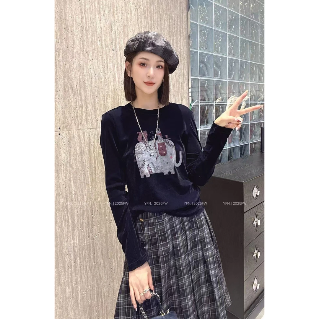 XL胸100-170长59印花钉珠细闪长袖套头丝绒小衫高级衬衣3457