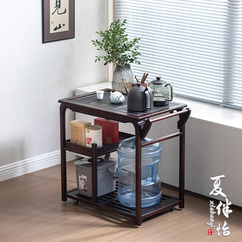 乌金木移动小户型茶桌实木泡茶台烧水壶一体茶车客厅茶水柜烧水架