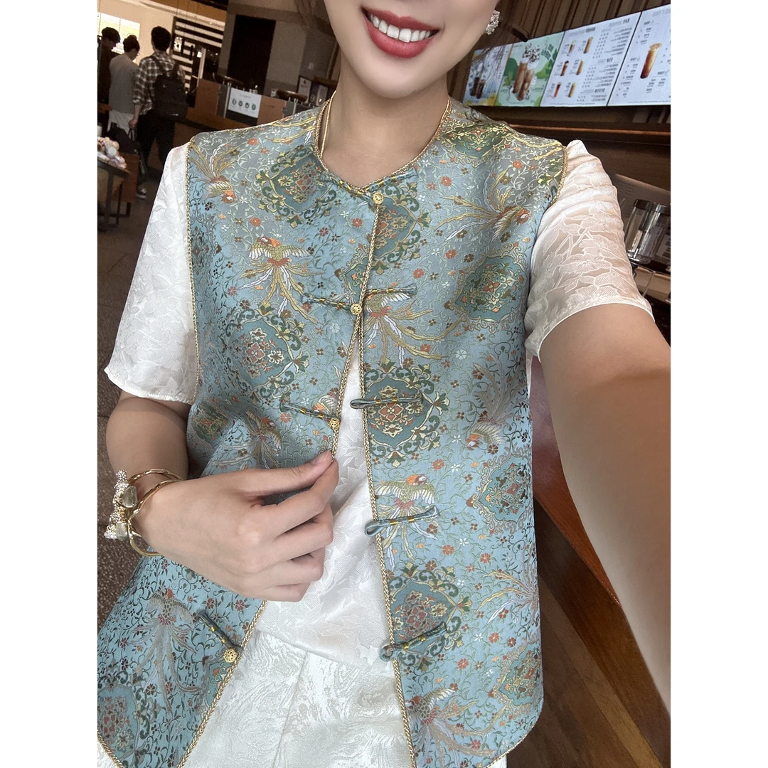 【深圳罗依】原创真丝马甲女中式桑蚕丝宋锦提花国风单排扣圆领马夹