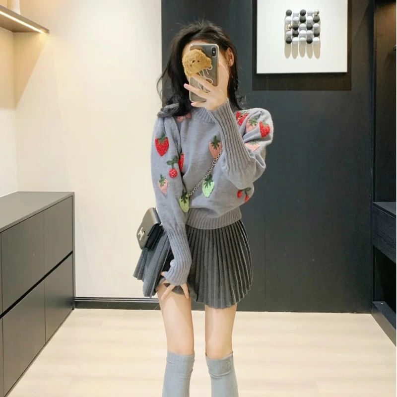 韩系复古设计感小众高级感草莓套头毛衣针织衫高腰百褶裙两件套装