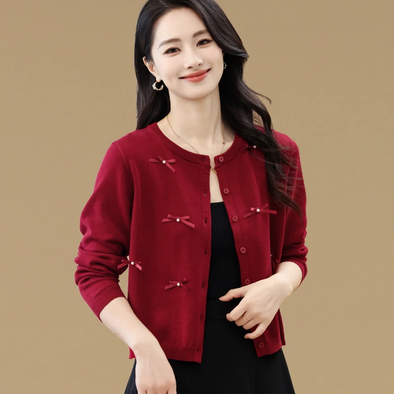 时尚小个子高腰减龄蝴蝶结毛衣外套女春秋薄款针织开衫配裙子上衣