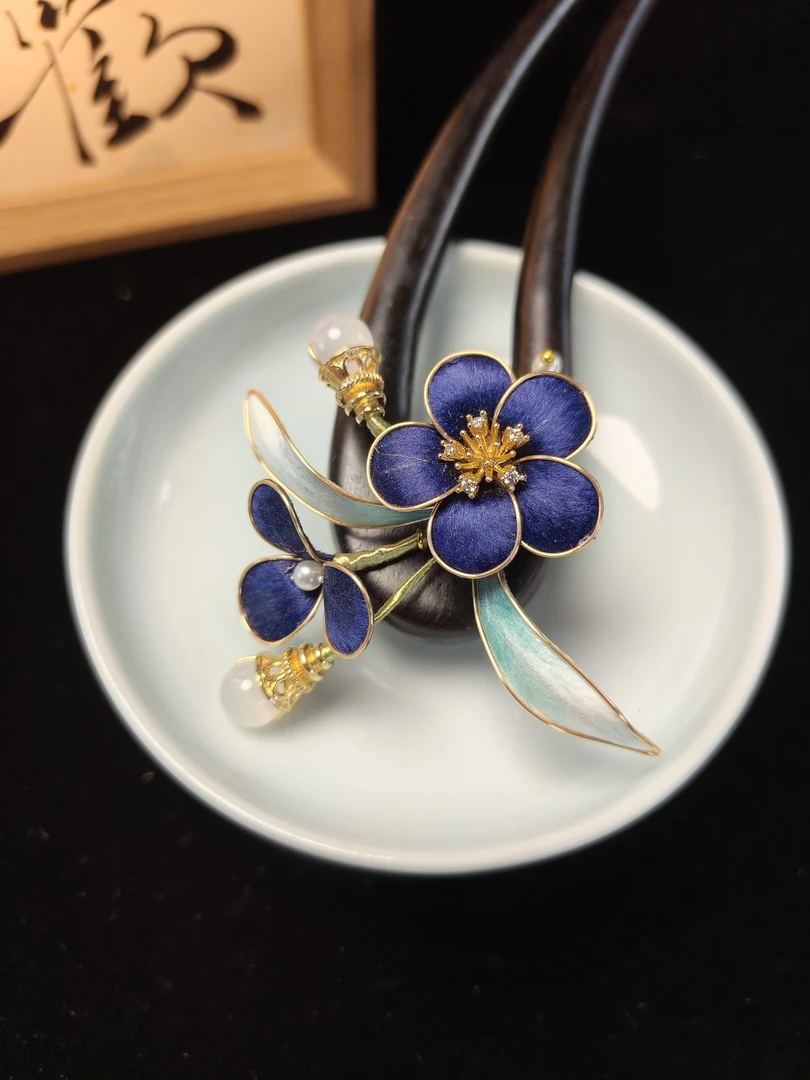 [子衿]非遗绒花发簪国风手工蚕丝掐丝新中式汉服旗袍配饰