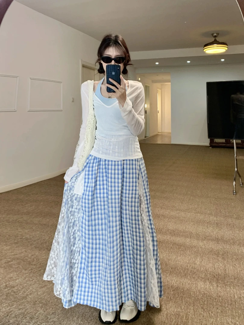 【叁月】白色罩衫T恤女挂脖背心套装春季蕾丝拼接格子半身裙三件套