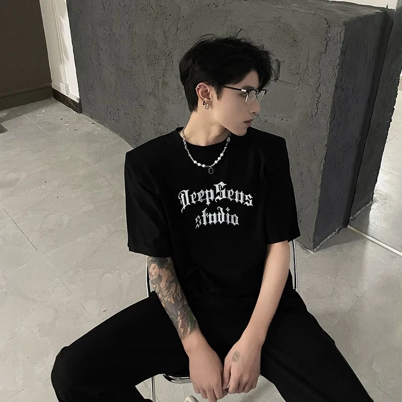 【KIKI】cleanfit字母印花夏季男款纯棉重磅T恤美式垫肩五分袖W47