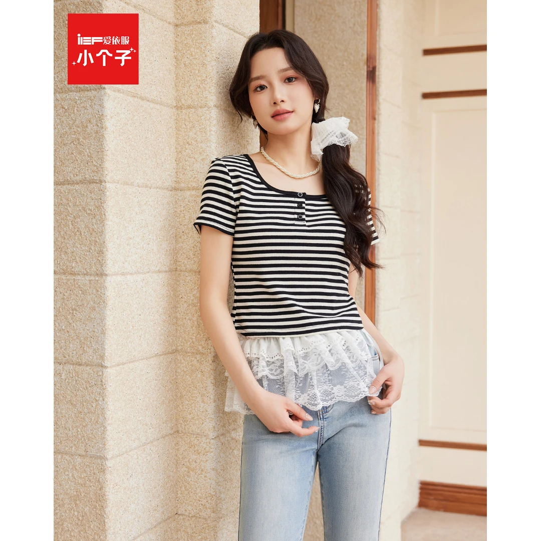 IEF/爱依服上衣2025夏季新款韩版简约通勤风条纹显瘦百搭短款T恤