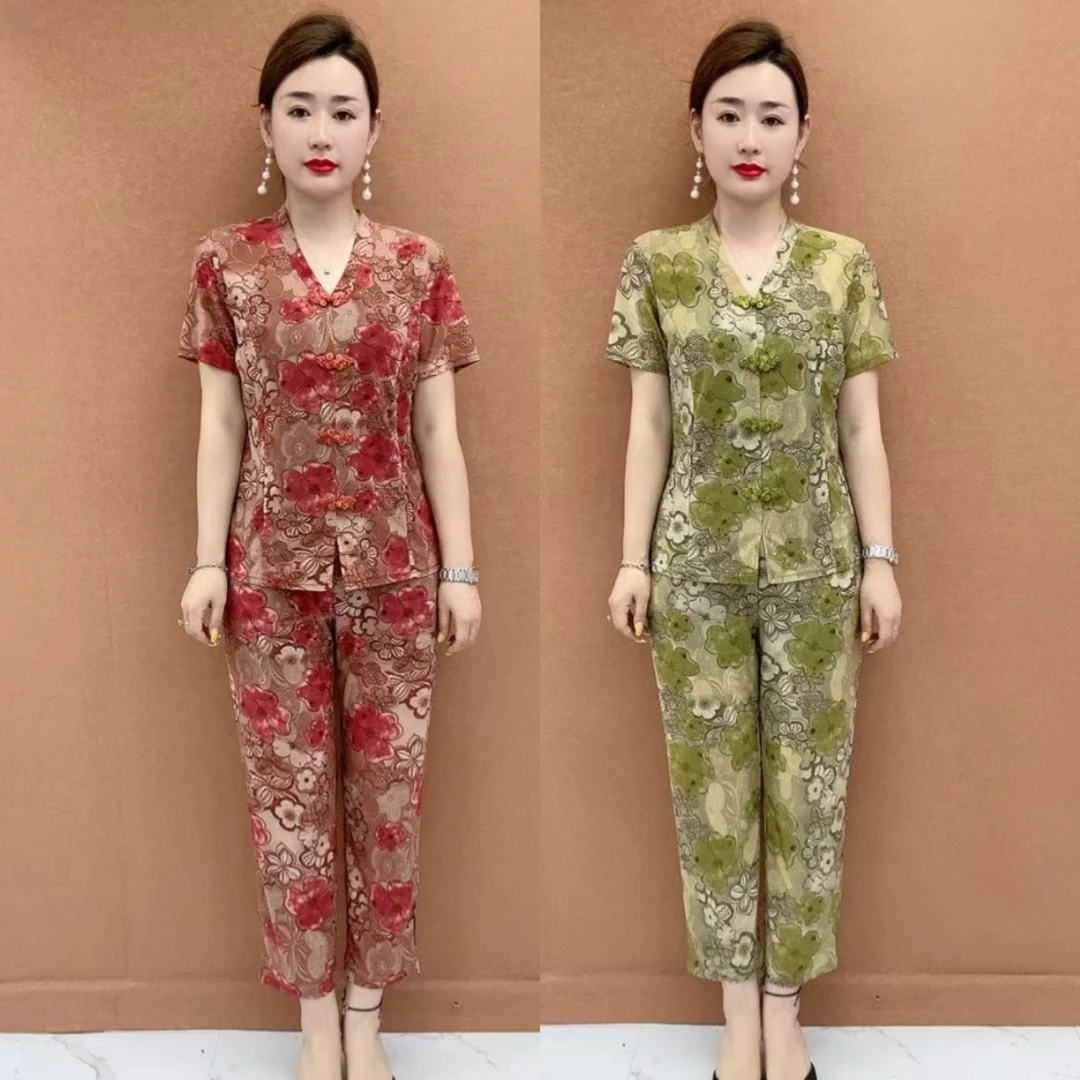 中年女装短袖洋气T恤裤子两件套夏季新款妈妈中式减龄套装夏装