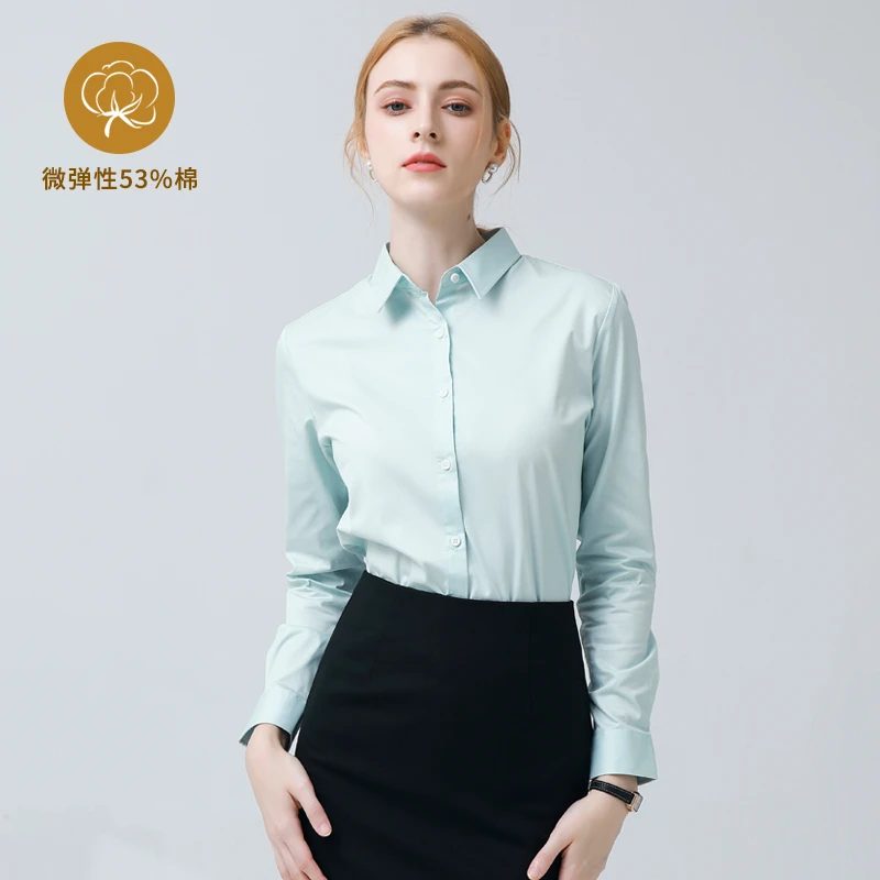 石绿色衬衫女长袖春秋季新款面试前台商务职业正装微弹气质ol上衣
