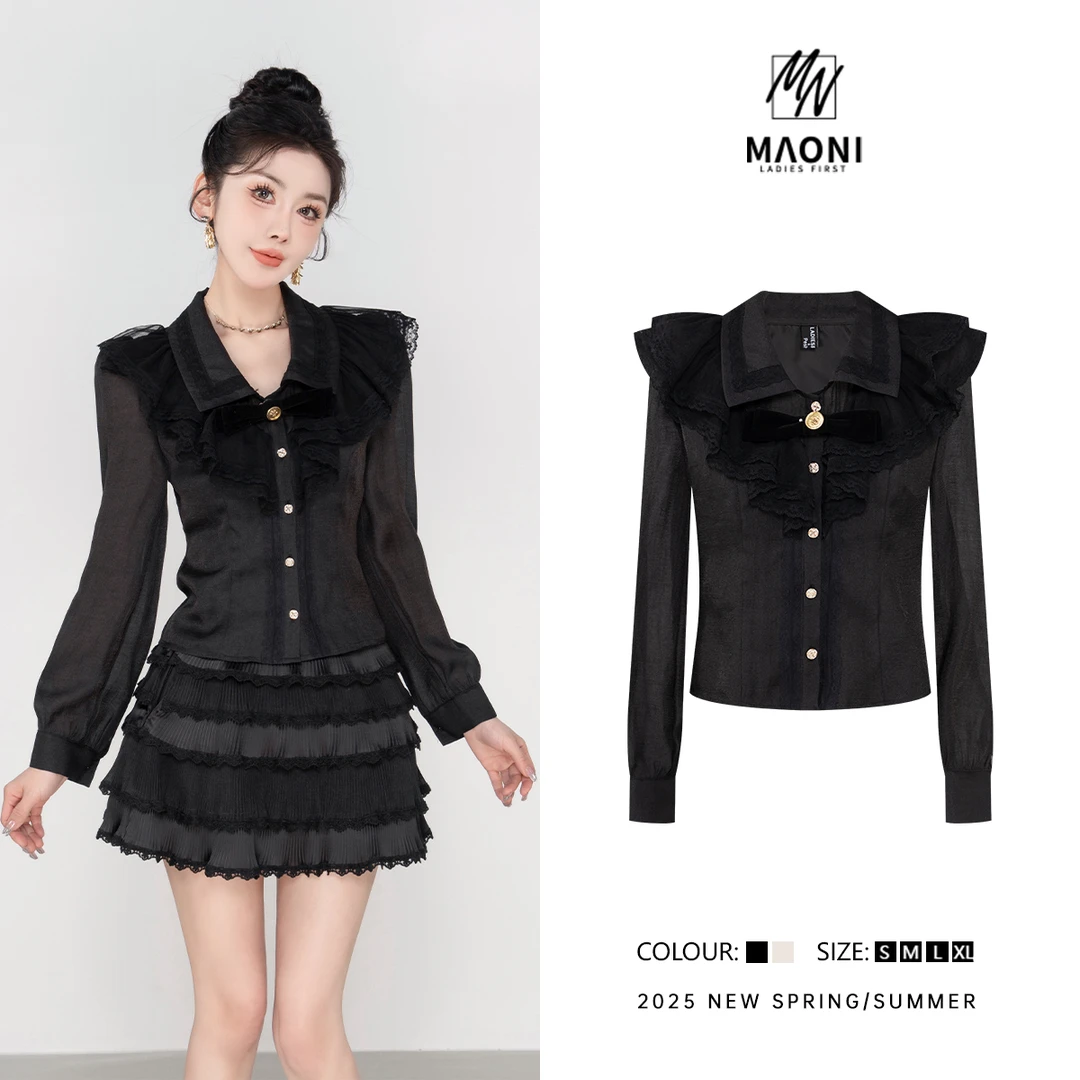 毛妮Peshe【蕾丝拼接衬衫】长袖修身甜美宫廷风配胸针女2025春L1245