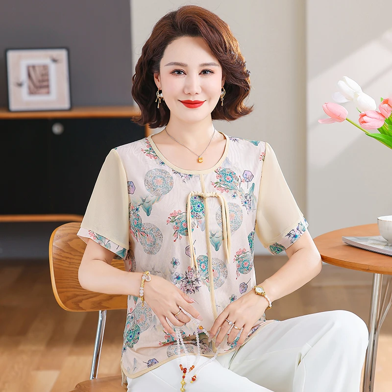 时尚中式妈妈装夏季t恤打底衫盘扣洋气小衫上衣服中老年女针织衫