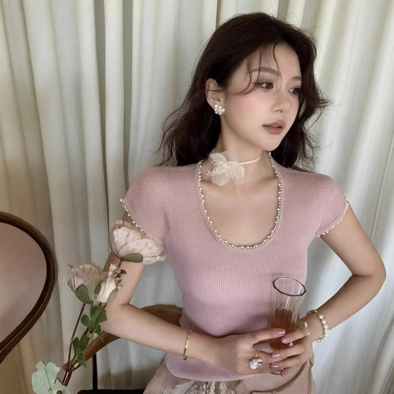 重工钉珠粉色u领正肩针织短袖t恤女薄款夏季洋气独特别致小众上衣