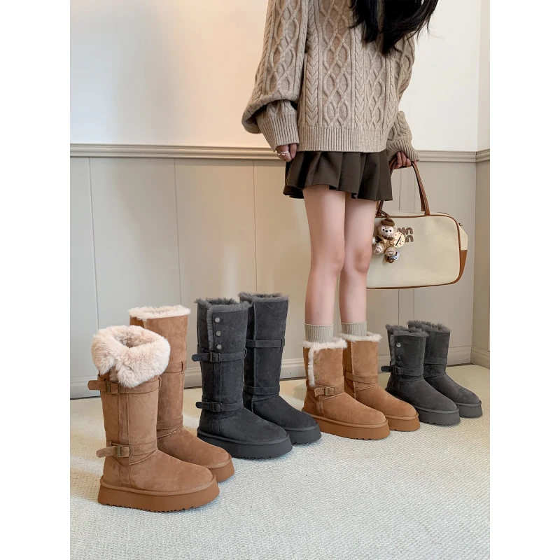 厚底保暖灰色雪地靴女2025冬季新款两穿翻折式增高棉靴毛毛长筒靴