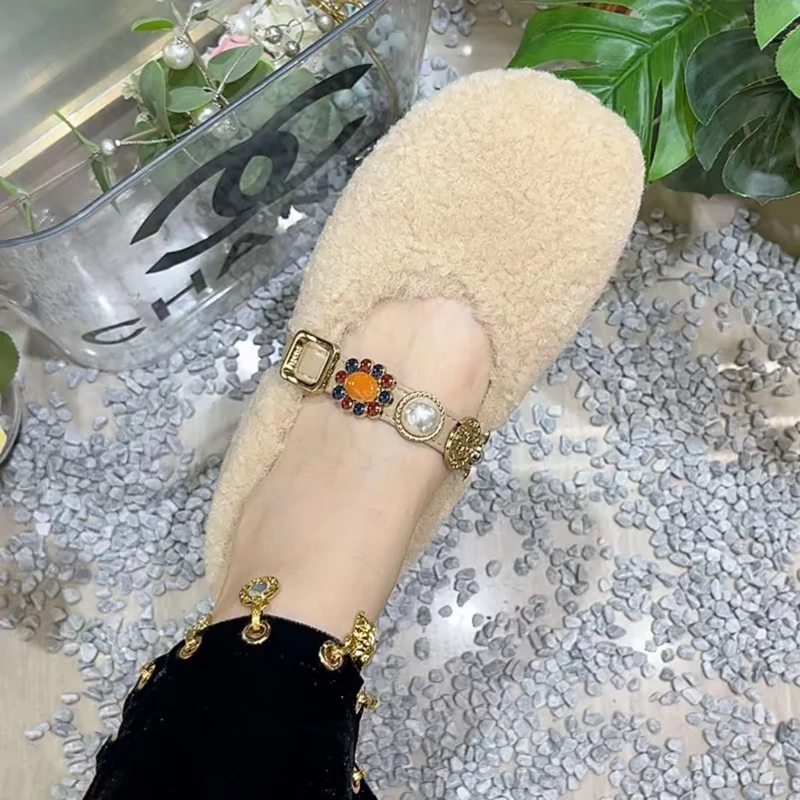 2025新款民族风时尚羔羔毛毛松糕厚底内增高百搭女鞋勃肯鞋单鞋潮