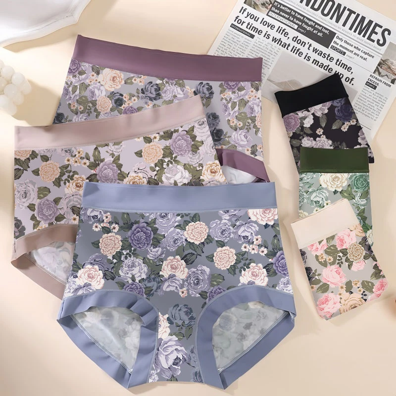 100A抗菌印花温变底裆大码女士内裤高腰无痕舒适透气三角内裤