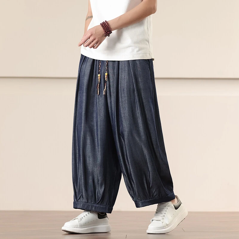 新中式男士休闲裤春夏季复古休闲宽松大码阔腿裤纯色中国风直筒裤