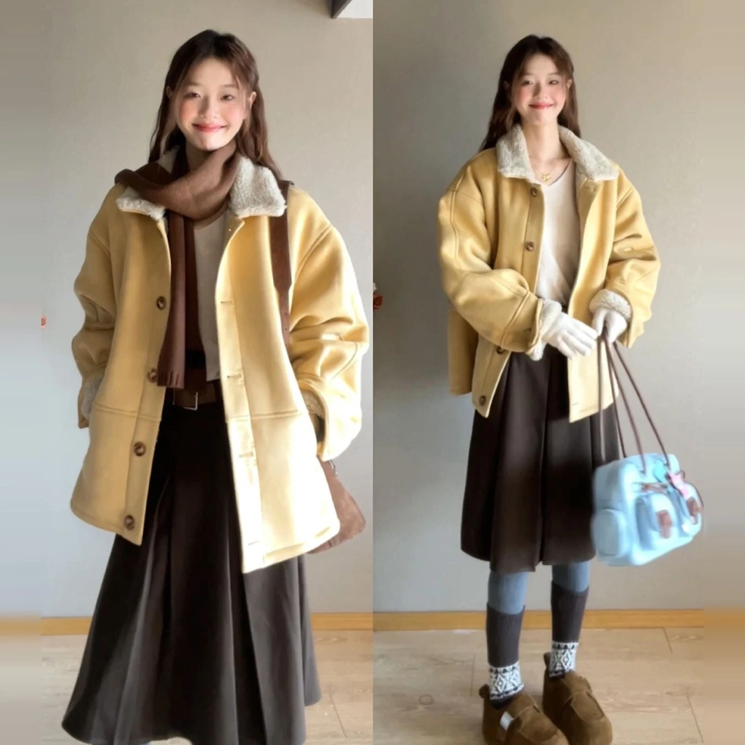 韩系黄色羊羔毛领厚外套女2025新款秋冬季保暖宽松小个子翻领夹克