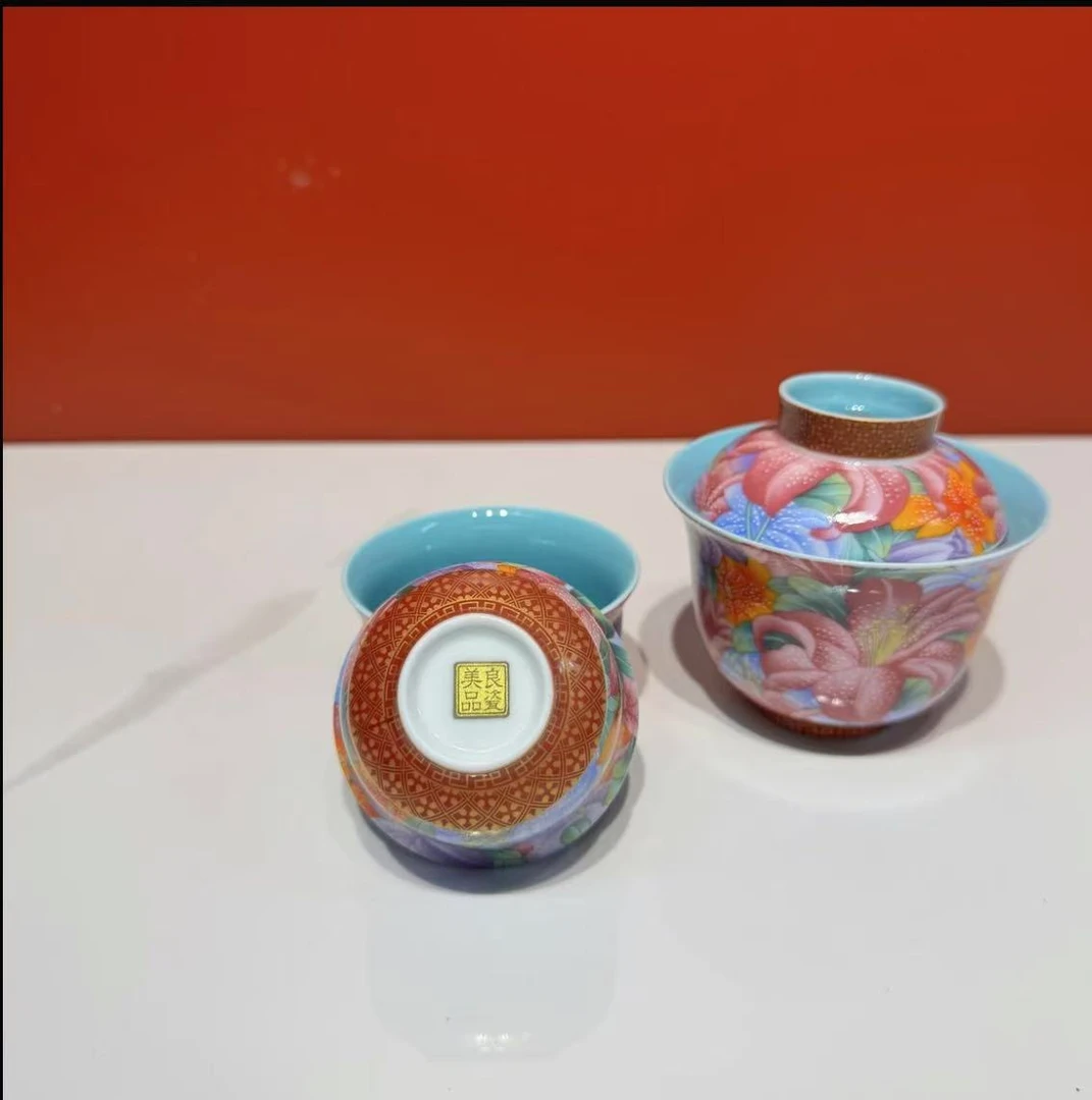 珐琅彩刺绣盖碗两杯百花旅行套-ZH674