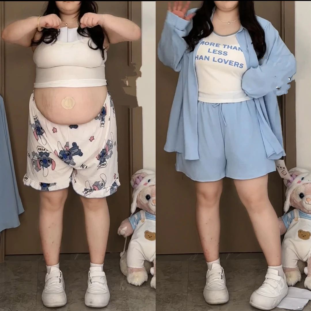 大码休闲运动风时尚三件套女夏季胖mm字母印花背心衬衫短裤套装