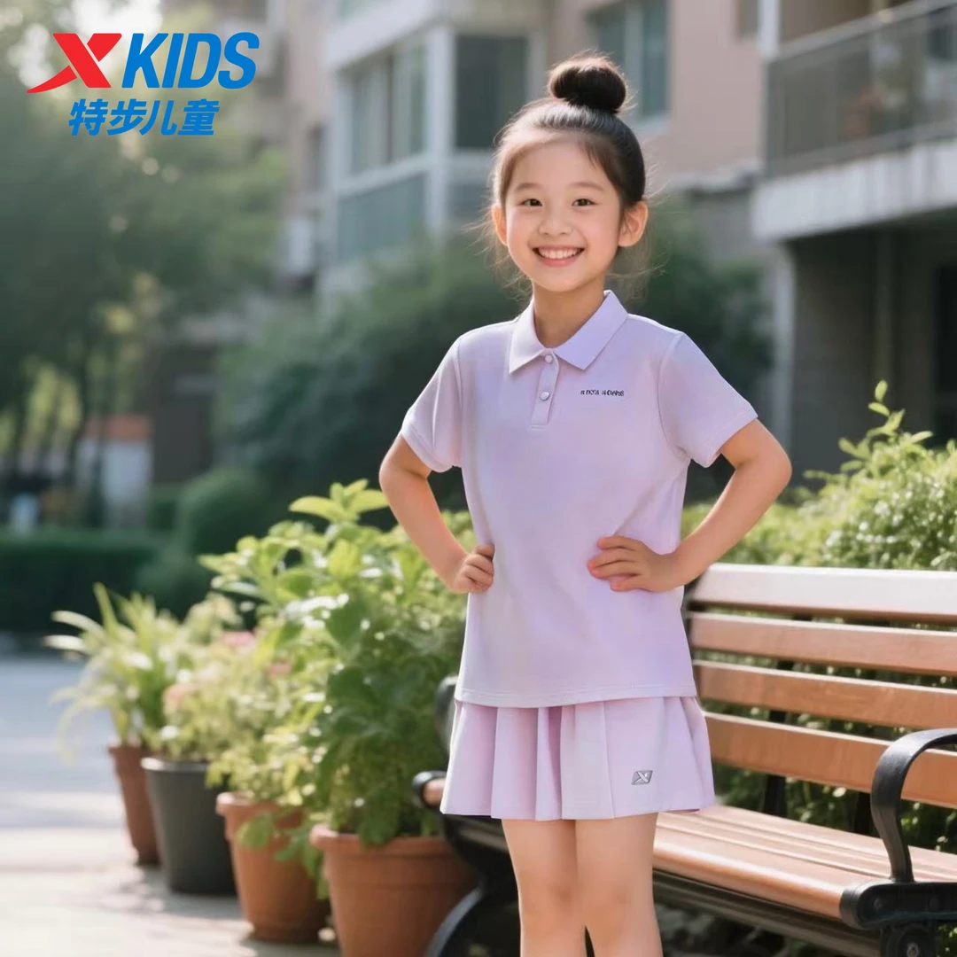 特步儿童夏季新款polo短袖短裙两件套女童透气运动套装9025+9028
