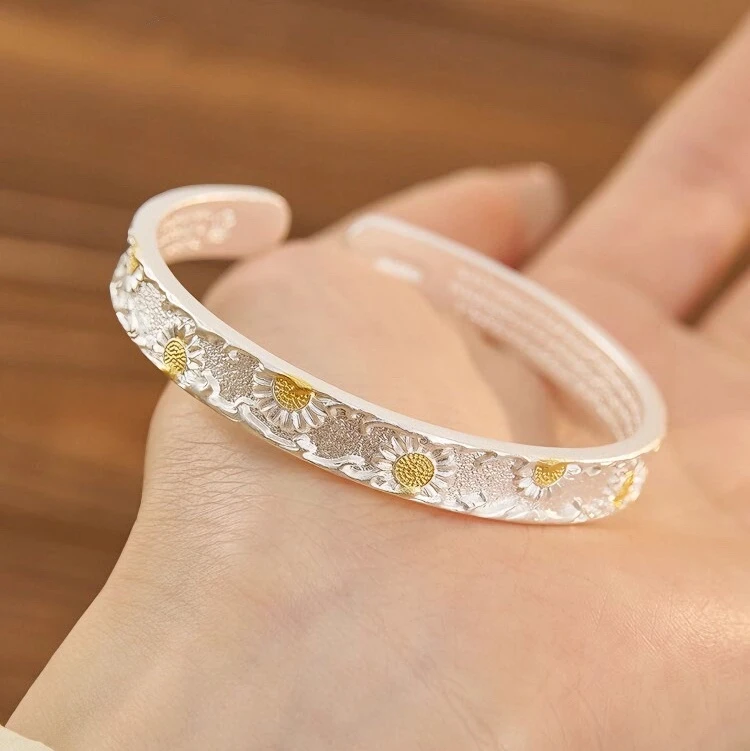 足银手镯 新中式小雏菊国风描金足银999.9向日葵轻奢小众开口手镯