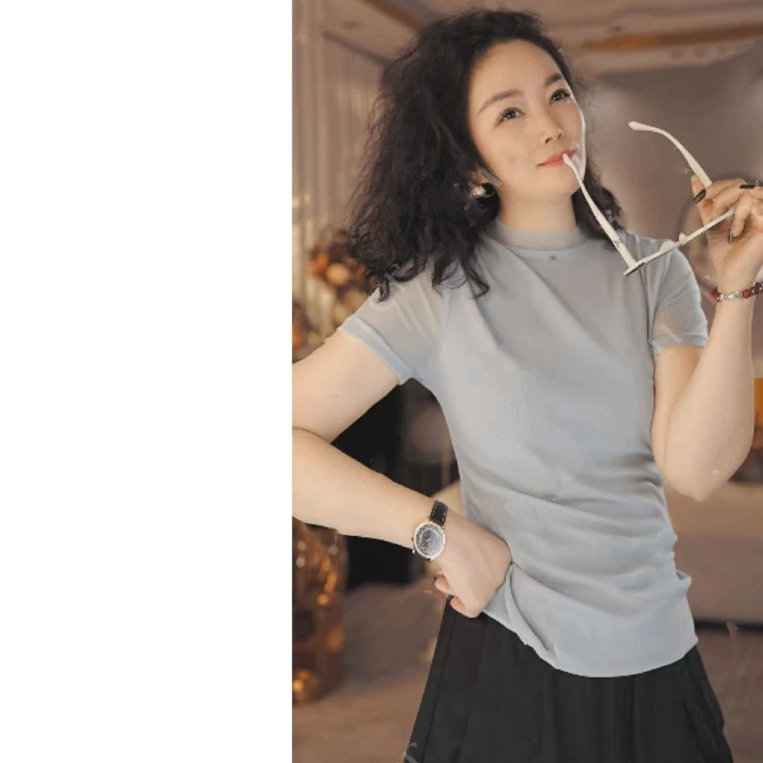 [精致女人]打底短袖网纱小衫 显瘦半高领纯色夏早秋洋气夏季百搭