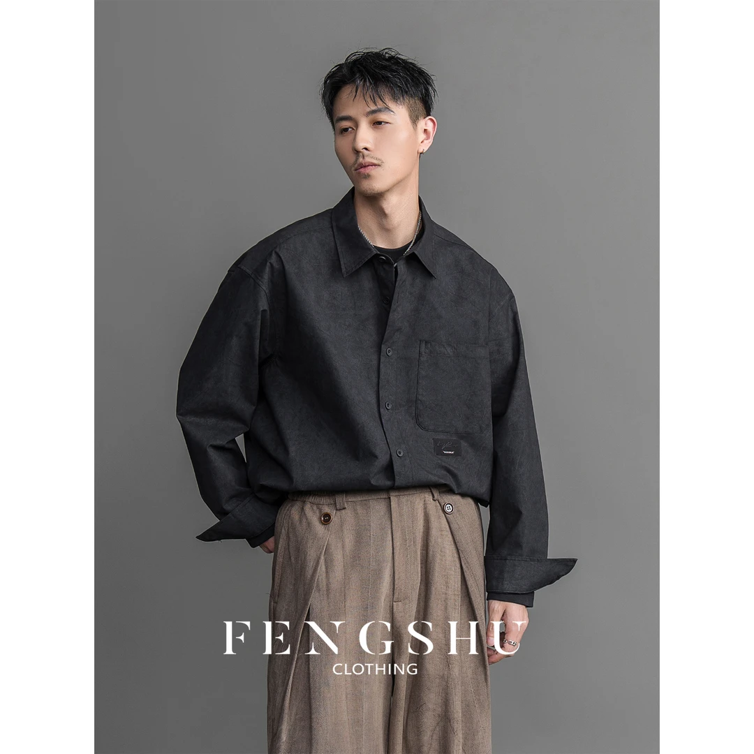 FENGSHU 小众高级暗纹复古衬衫男士秋季百搭翻领宽松休闲日系衬衣