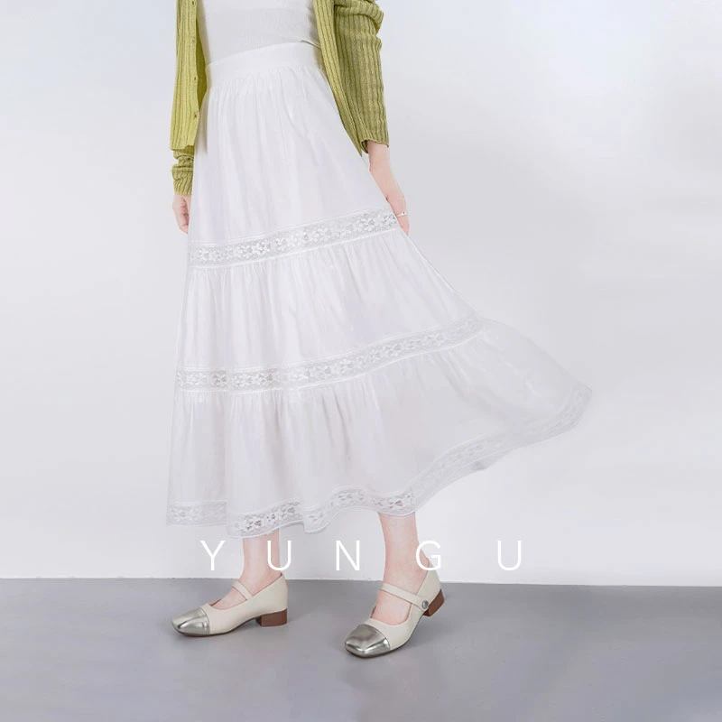 YUNGU允古【白开水】25夏季法式度假蕾丝拼接白色半身裙子小众女装