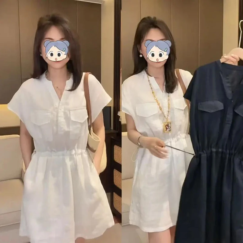 时尚显瘦气质洋气连衣裙女2025夏季新款百搭收腰纯色圆领裙子潮流