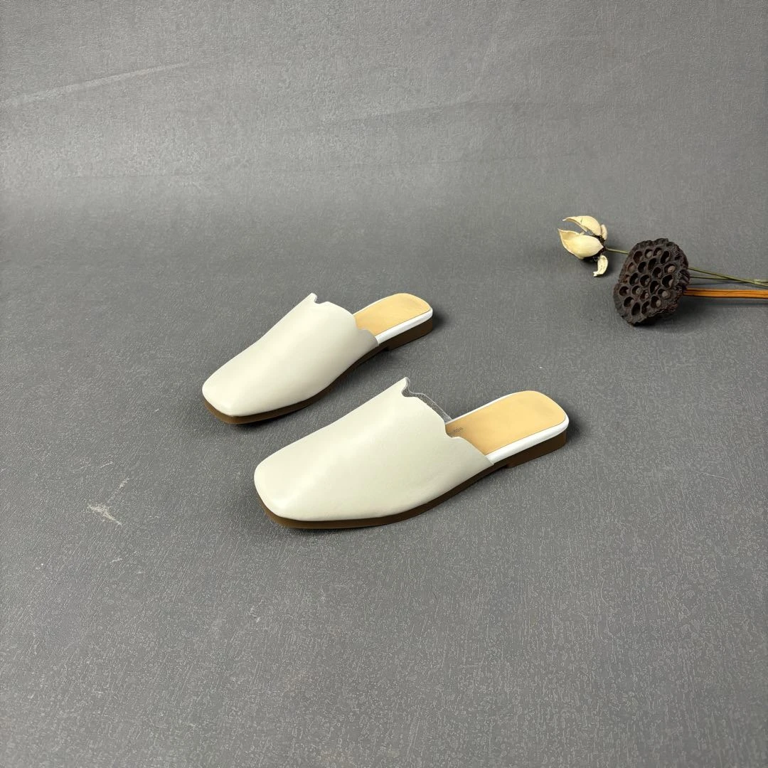 D 牛皮方头平底包头拖鞋懒人一脚蹬【断码清】