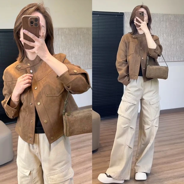 爆款高级感时尚立领麂皮绒外套女秋冬美拉德秋季时尚洋气夹克上衣