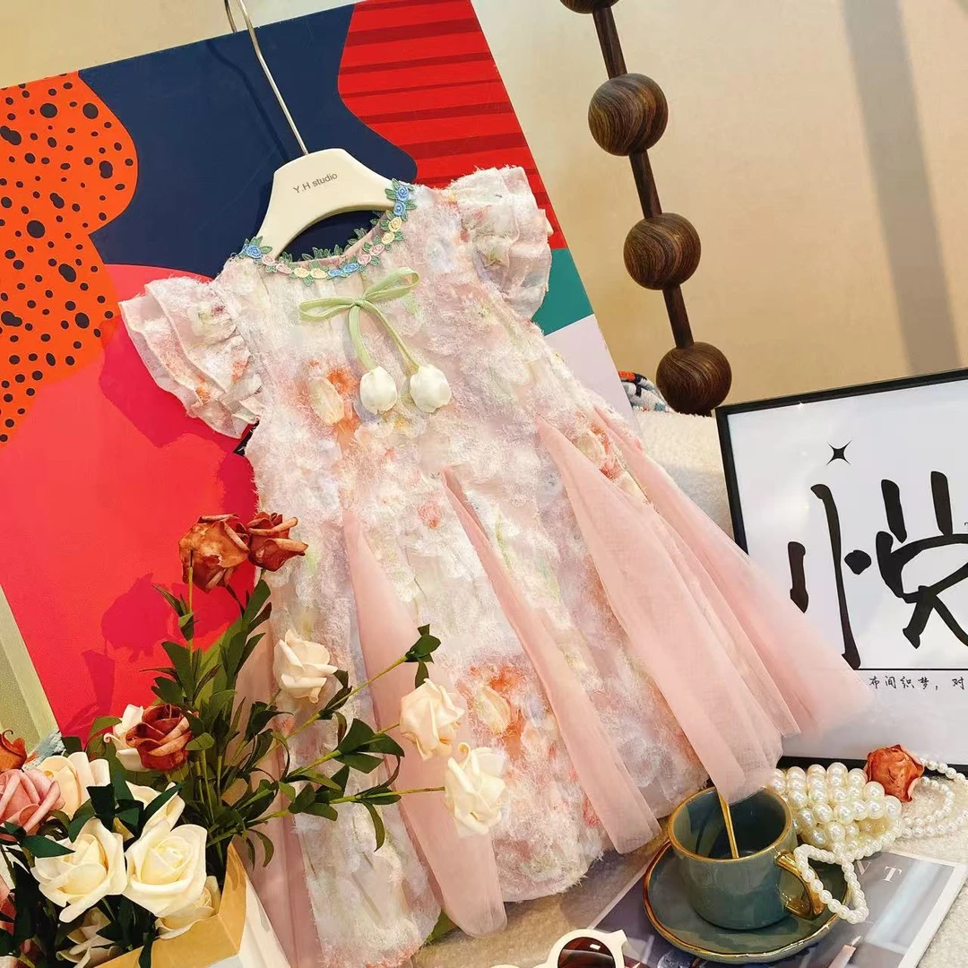 YH女童粉色连衣裙时尚夏季新款女宝花朵洋气儿童连衣裙80010