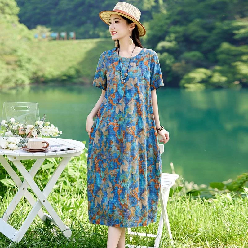 哥弟阿玛施正品复古印花棉嘛连衣裙女2025夏季新款宽松遮肚子减龄