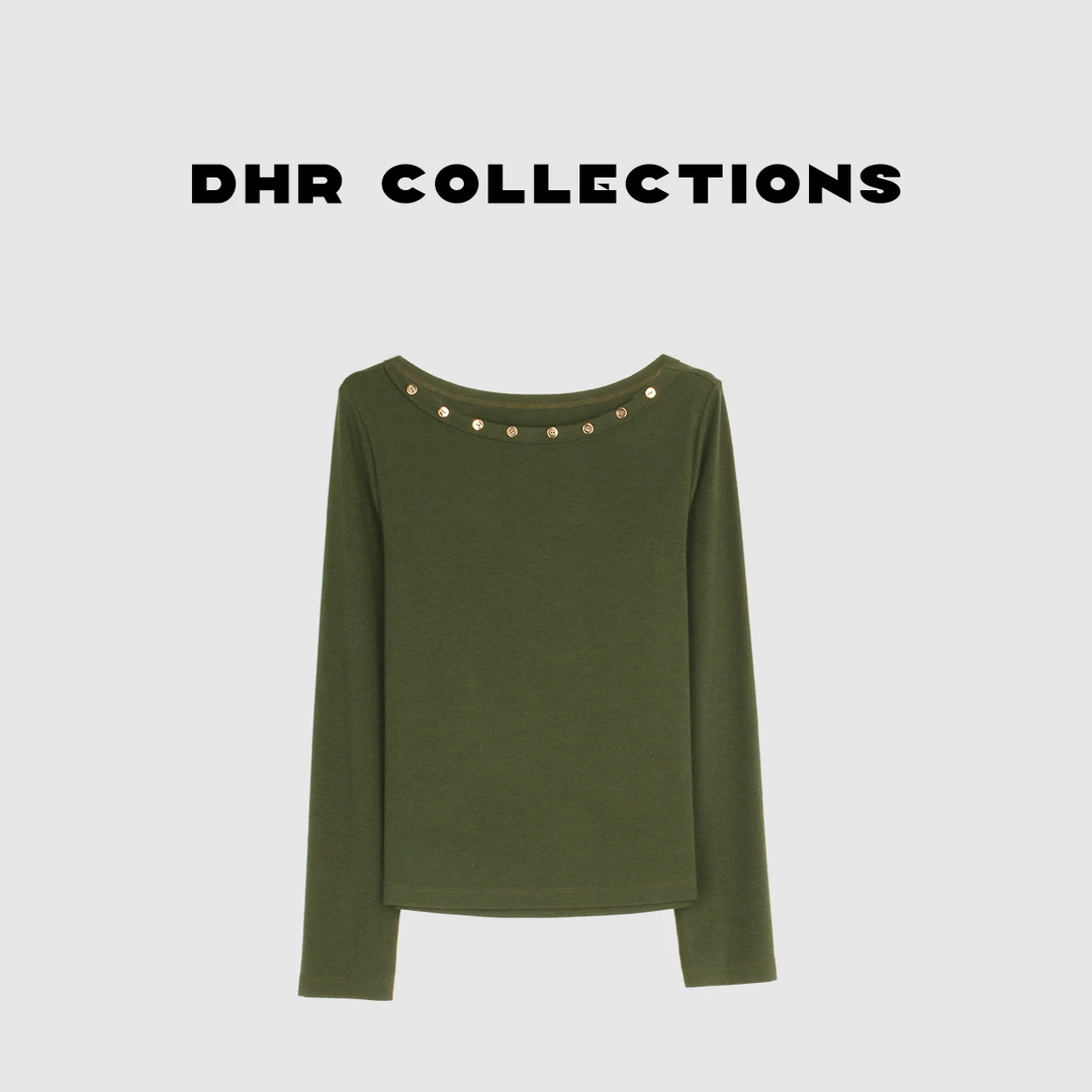 豆豆7【月迹】钉扣小精致显瘦复古高级感斜肩领长袖上衣-DQ1639