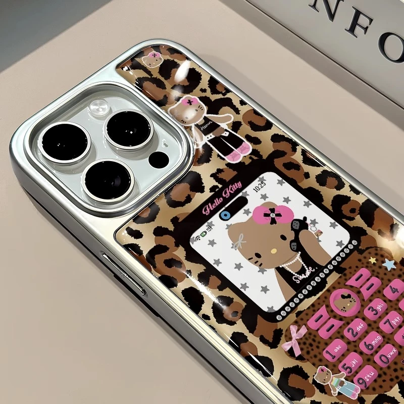 黑皮kitty豹纹适用苹果16pro电镀大孔相框手机壳iphone1517promax